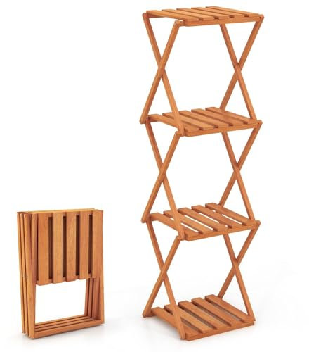 TANGZON 4 Tier Foldable Plant Stand, Folding Tall Plant Shelf Holder with Slatted Shelves, Indoor Outdoor Corner Flower Pot Display Rack Shelving Unit for Garden Patio Living Room Balcony