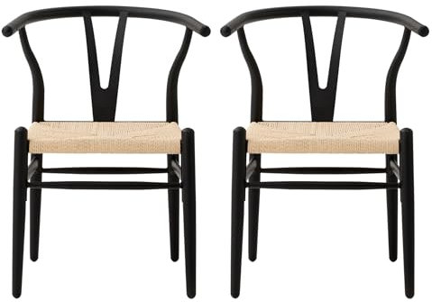 HJhomeheart Lot de 2 Chaises de Salle à Manger, Chaises de Cuisine Vintage du Milieu du Siècle, avec Pieds en Métal, Coussin en Rotin, Noir