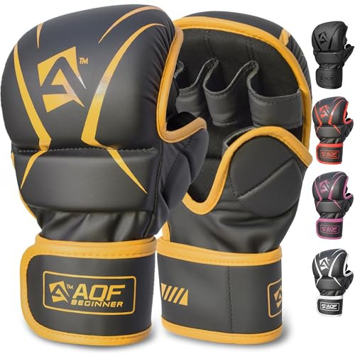 AQF Hybrid MMA Gloves for Sparring & Grappling, Open Palm Shooter Design, Enhanced Wrist Support, Shock-Absorbing Padding, Lightweight and Durable for Training, Kickboxing, Muay Thai (Gold, S/M)