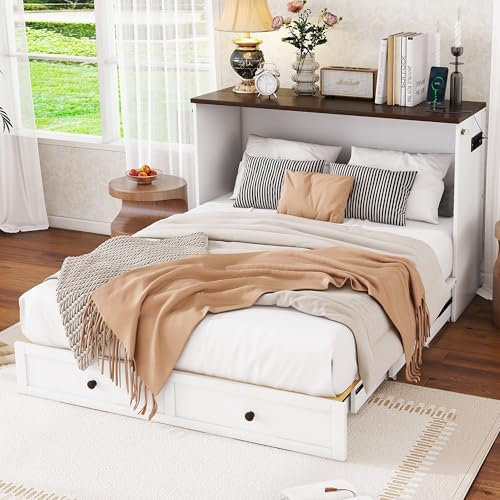 MSMOK Schrankbett, 140 x 200, Mobiles Schrankbett mit Schubladen am Bettende und Regal am Kopfende des Bettes, mit USB und Steckdose, Umbaubares Plattformbett, Ohne Matratze, weiß