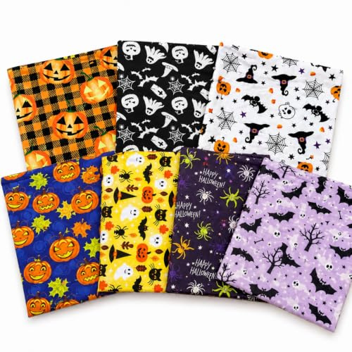 EXGOING 7pcs Halloween Fabric Squares 50x50cm for Sewing, Quilting & Crafts | Printed polyester with 7 coordinated spooky designs for bunting, costumes, patchwork, party decorations and handmade gifts