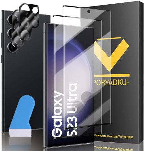 Protector de Pantalla para Samsung Galaxy S23 Ultra 5G, Película de Vidrio Templado 2 Piezas+ Protector de Lente de Cámara 2 Piezas, HD Clara, Sin Burbujas, 9H Dureza, Antihuellas, Anti-Scratch