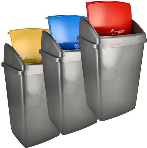 Lot de 3 poubelles de 50 l - Bacs de tri gris de 50 l avec couvercle jaune, bleu, rouge - Idéal pour le tri des déchets