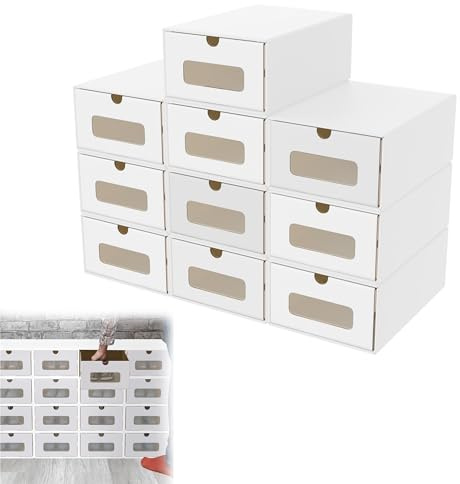 YRHome 10er Stapelbares Boxen-Set – Schubladenbox mit Sichtfenster aus Kraftpapier, Schuh- & Spielzeugbox zur Aufbewahrung von Zubehör & Accessoires, 23,5 x 34,5 x 13,5 cm - Weiß