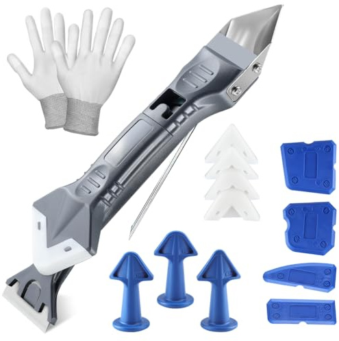 Mihutu Silikonentferner & Silikon Fugenwerkzeug, 5 in 1 Fugenkratzer Silikon Caulking Werkzeug Kit mit Silikon Fugenwerkzeug + 4 Pcs Fugenglätter 5 Silikonpads 3 Dichtungsdüse