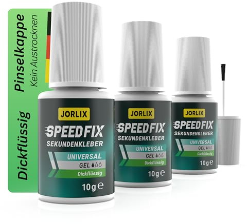 JORLIX Speedfix Gel – Dickflüssiger Sekundenkleber Gel extra stark mit Pinsel – Superkleber für Modellbau sowie raue und saugende Oberflächen – Sauberes Auftragen, kein Austrocknen – 3 x 10 g