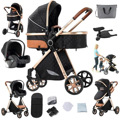 Veitoalioy Kinderwagen 3 in 1 Mit Hilfsfahrzeug, Bequemer Multifunktionaler Kombikinderwagen 3 in 1 Komplettset, Aluminium Hohe Landschaft Babywagen, Faltbarer Kinderwagen Set (FV9 Black Gold)