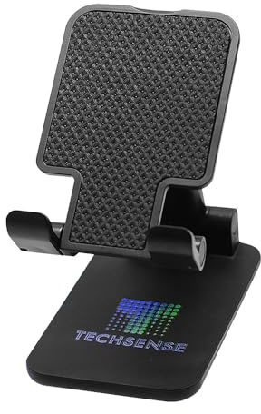 TECH SENSE Foldable Phone Stand for Desk, Height Adjustable Phone & Universal Mobile Holder for iPhone 17/16/15/14 Pro Max, Air, 13 12 Pro Max Mini, 11 Pro, Xs/XR/X, Galaxy, All Mobile Phones (Black)