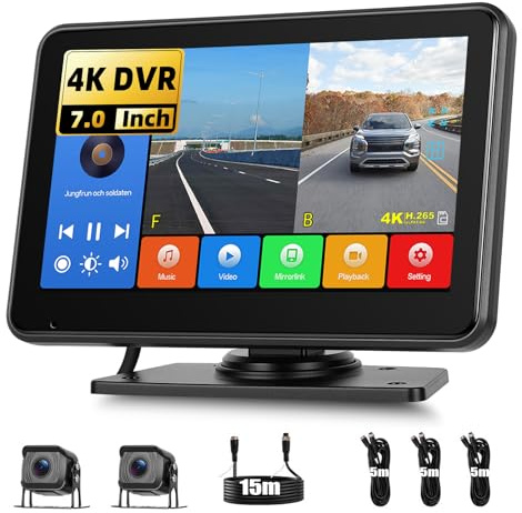 GOHHDL Caméra de Recul 2 Caméras Kit Filaire, Moniteur IPS 7 Pouces 4K DVR avec Android Cast, étanche IP68, Enregistrement, Surveillance du Stationnement, Lignes de Stationnement, 12V-24V