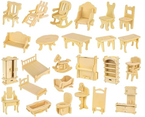 Gutol 34-teiliges Miniatur-Puppenhausmöbel, süßes Zimmer, Holzmatten-Puzzle, Bausteine, DIY-3D-Puzzle-Bastelset