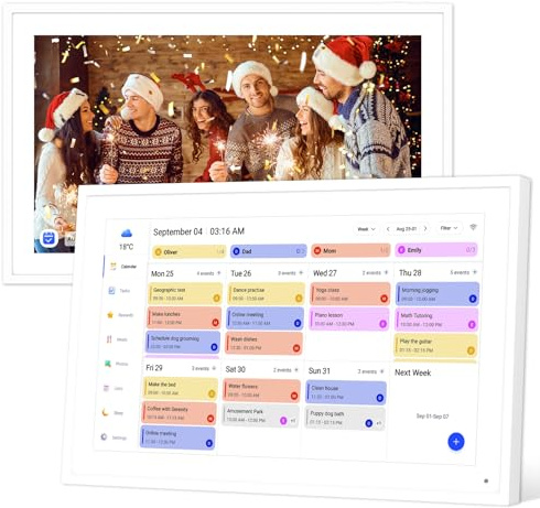 Hesmor 15.6 Digital Familienkalender mit Touch Bildschirm, Hauspflichten Planer 2025-2026, Interaktiver Wandorganizer mit Fotorahmen