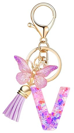 Olasfa Porte Clef lettre Porte-clés Initiale pour Filles et Femme Résine Porte Cle avec Pendentif Papillon pour Clé Porte Clef Voiture Décor Sac à Main Cadeau Femme Anniversaire