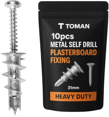 Toman Plasterboard Fixings 10pcs Heavy Duty Metal Drywall Anchors & Screws – Self Drilling Steel Wall Plugs Kit for Strong Grip in Plasterboard Walls - Hollow Wall Anchors