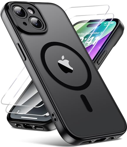 FLLAO for iPhone 14 Case, Magnetic Bumper Phone Case with 2 Tempered Glass Screen Protector, Full Camera Protection, Military-Grade Shockproof, Slim Translucent Matte Cover, Black