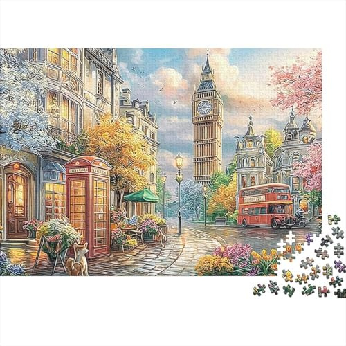 Londoner Straßenszene Herausforderndes 1000-Teile Puzzle für Erwachsene Londoner Straße Big Ben Blumen Premium Dick Strapazierfähig Hochwertig Lebendig Stressabbau 52x38cm/1000tlg