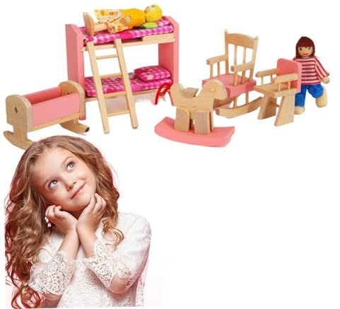 Wooden Dollhouse Furniture Set 1:12 Scale Wood Dollhouse Furniture Set Include Bunk Bed with Ladder Rocking Chair & Horse High Chair and bassinet DIY Game Toys.