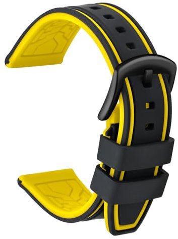 ULLCHRO Bracelet Montre Remplacer Silicone Bracelet Montre Bicolore - 20, 22, 24, 26mm Caoutchouc Montre Bracelet avec Acier Inoxydable Boucle Noir (26mm, Noir et Jaune)