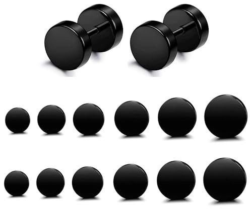 FIBO STEEL 6 Pairs Stainless Steel Black Stud Earrings for Men Women Faux Gauges Ear Tunnel Fake Gauge Earrings 3-8mm Black