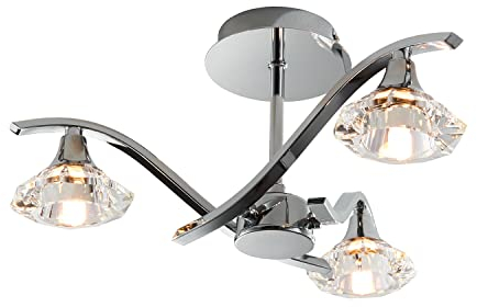 Luna Decorative Silver Chrome 3 Way Branch Arm Semi Flush Pendant Ceiling Light with Clear Crystal Glass Shades 450mm