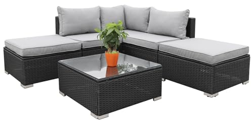 Enjoy Fit Gartenmöbel Rattan Polyrattan Lounge Sitzgruppe Garnitur aus Sessel Sofa Hocker Tisch mit Glas/Modell: Sylt