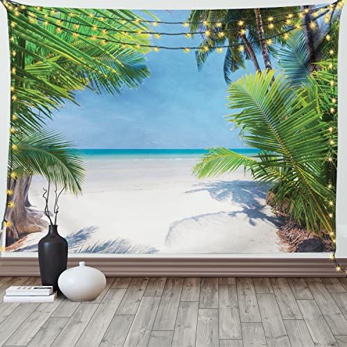 ABAKUHAUS Ozean Wandteppich und Tagesdecke, Palm Leaf Tropical Beach aus Weiches Mikrofaser Stoff Waschbar ohne Verblassen Digitaldruck, 230 x 140 cm, Weiß und Blau