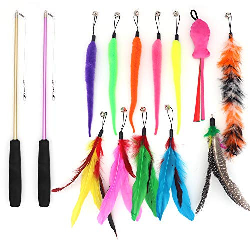 SLSON 14 Pack Cat Teaser Toy 2 Retractable Interactive Cat Wand and 12 Colourful Replaceable Feather Toys with Bells For Indoor Kitten Catcher