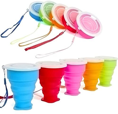 Stouge Faltbare Silikonbecher für Reisen, faltbar, Campingbecher, Wasserbecher, tragbare Trinkbecher mit Deckel, zusammenklappbarer Becher für Outdoor-Wandern, 5 Stück