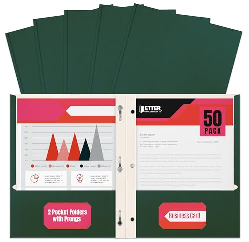 Better Office Products Dark Green Paper 2 Pocket Folders with Prongs, 50 Pack, by, Matte Texture, Letter Size Paper Folders, 50 Pack, with 3 Metal Prong Fastener Clips, Dark Green