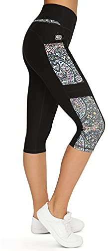 VS Fitnesshose Yoga Leggings mit Handytasche - 3 Seitentaschen 3 4 Leggins Tasche für Handy Schlüssel Fitness Sport Tights Schwarz Bunt Hose Sporthose Jogging High Waist.spiritone -XS