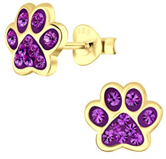 FIVE-D Ohrringe Pfote Tatze Hund 925 Sterling Silber gold Kinder Damen Mächen (Gold-Lila)