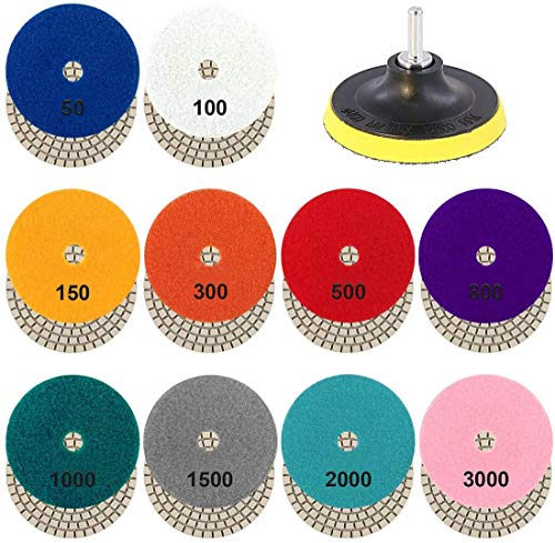 Diamond Polishing Pads, Topcloud 4 inch 10 Pads for Granite Stone Concrete Marble Floor Grinder or Polisher, 50#-3000# with Hook & Loop Backing Holder Pads for Wet Polisher