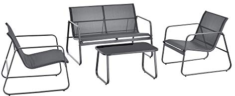 Salon de Jardin Stylé Table Basse Plateau en Verre Canapé Fauteuils Ensemble de 4 Meubles Extérieurs pour 4 Personnes Acier PVC Polyester Noir Gris Foncé