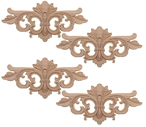 Niaciswe Holz Ornament 4 Stück Holz Skulptur Applique Onlay Lange Geschnitzte Holzschnitzerei Applikation Holz Geschnitzte Unbemalte für Möbel Dekoration Schrank Fenster Tür Bett Dekor