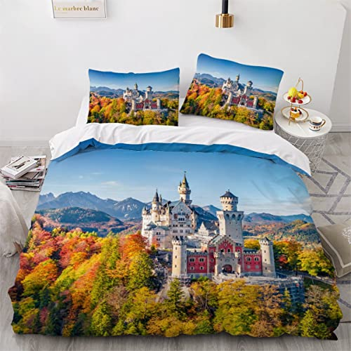 NUYSP Bettwäsche 135x200 MäRchenschloss Einzelbett Bettbezug Set für Kinder 3D Druck Bayerische Alpen Bettwäsche Set 3 Teilig mit 2 Kissenbezug Mikrofaser Bettbezug mit Reißverschluss