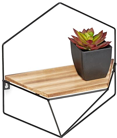 Relaxdays Wandregal Industrial, Metall & MDF, HBT: 35 x 31 x 13,5 cm, Hängeregal Hexagon, Dekoregal Wand, schwarz/braun