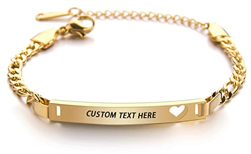 JewelryWe Schmuck Personalisierte Armband Herren Damen mit Gravur Edelstahl Herz Figaro Kette ID Armkette Figaro-Armband Verstellbar Kettenarmband Gold