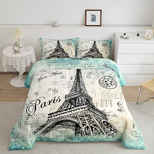 Feelyou Eiffelturm-Bettwäsche-Set für Mädchen und Frauen, schick, Retro-Paris-Thema, Bettwäsche-Set, Kinder, Jugendliche, Vintage-Paris, Stadtbild, blaugrün, King-Size-Größe mit 2 Kissenbezügen