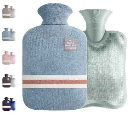 Large Hot Water Bottle with Knitted Cover, 2L Large Capacity Hot Water Bag with Removable and Washable Soft Cover for Pain Relief, Neck and Shoulders, Great Gift for Women, Men, Kids (2L-Blue+Green)