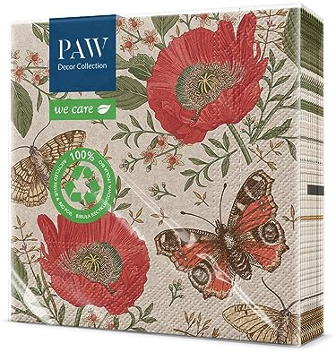 PAW - Servietten 3-lagig (33 x 33 cm) I 20 Stück I Perfekt für Geburtstage, Partys, Kommunion und Feiern I Papierservietten mit Natur Motiv I Umweltschutz, Blumen, Schmetterlinge I Passing Butterflies