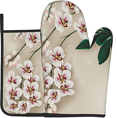 Bell Orchideen-Druck, Ofenhandschuhe und Topflappen, 2 Stück, hitzebeständig, rutschfest, wasserdicht, Kochhandschuhe zum Backen, Kochen, Grillen