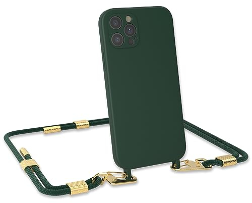 EAZY CASE - Handykette mit Karabiner kompatibel mit iPhone 12 Pro - Hülle Silikon Fallschutz Handyhülle für iPhone 12 Pro Kette zum Umhängen Schutzhülle mit Mikrofaser in Pinien Grün - Clips Gold