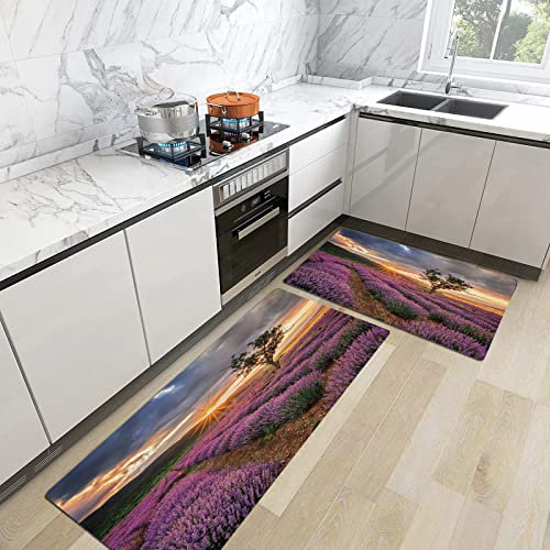 2stk Küchenteppich Waschbar rutschfest Küchenmatte,Lavendel, idyllische Landschaft mit aufgehender Sonne und endlosen Reihen Lavendelfeld,Küchenläufer Fußmatte Teppich Läufer Badematten 45x70+45x120cm