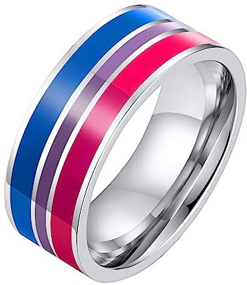 OAKKY Unisex 8mm Einzigartig Cool Emaille Bunte Streifen LGBT Homosexuell Stolz Ring Edelstahl Eternity Paar Hochzeit Band Bisexuell Größe 60 (19.1)