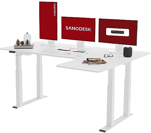 SANODESK Höhenverstellbarer Schreibtisch L-Form 180×110 cm mit Dualmotor & 4 Beinen – extra großer Gaming Standing Desk/Sitz-Steh-Tisch für Zocker, ergonomisch & stark belastbar(Weiß)