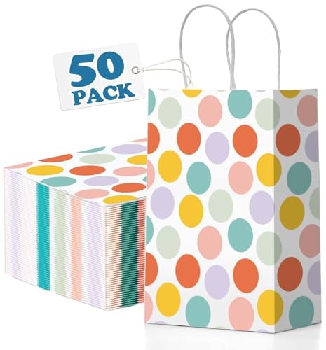 Switory 50 Stück Geschenktüten, Weiß Papiertüten mit Henkel, Punkte Klein Papiertüten Für Party, Geburtstag, Hochzeit, Valentinstag 15x8x21CM