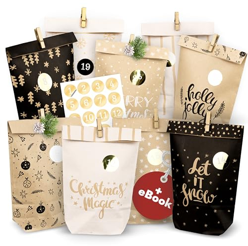 Amari ® Adventskalender zum Befüllen Christmas Mix - 24 Papier Adventstüten (mit Holzklammern) zum Basteln für Weihnachten - Papier Weihnachtstüten