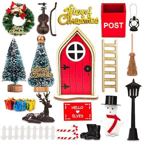 Wichteltür Set,Wichteltür Zubehör Weihnachten 24PCS Wichtel Zubehör Set, Nissedor Miniatur Weihnachtswichtel Tür Deko mit Weihnachtsbaum, Stiefel, Gitarren, Zaun,Schneemann für Feentür Weihnachtsdeko
