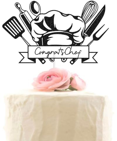 Congrats Chef Cake Topper, Chef's Graduation Cake Decors, Class of 2024 Grad Party Decoration Supplies, Black Glitter
