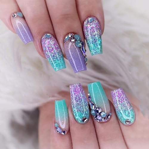 24Pcs Coffin False Nails Medium Purple Green Glitter Press On Acrylic Full Cover With Rhinestones Design Glossy Artificial French Tip Stick On for Women Girls Art