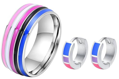 HIJONES Edelstahl 8mm LGBT Stolz Regenbogen Ring Ohrstecker für Damen Herren Schmuck Set Emaille Hochzeit Band Stil G Größe 52
